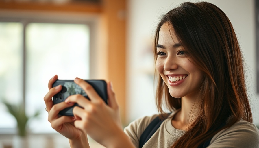 Smiling woman filming herself indoors, discussing digital product sales.