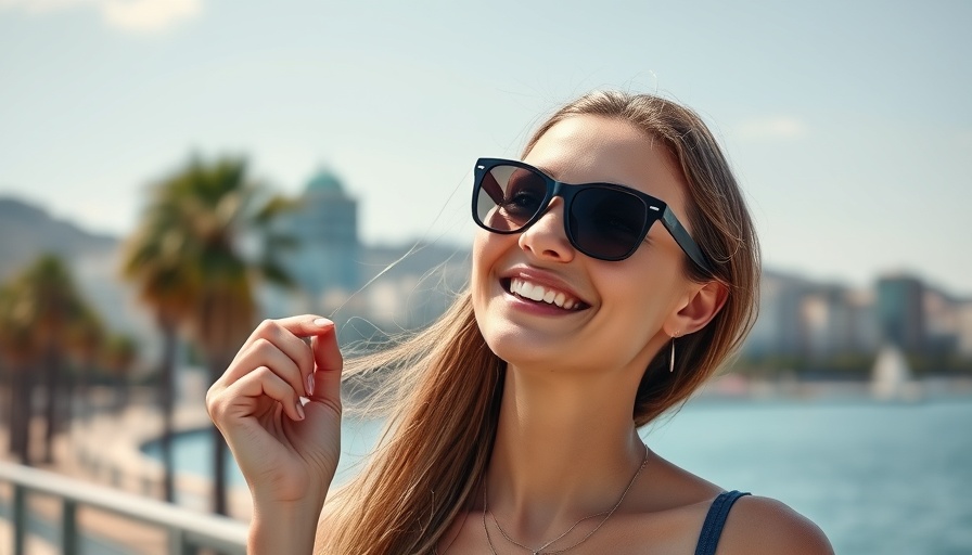 Young woman enjoys a sunny day by the sea with a cityscape view.