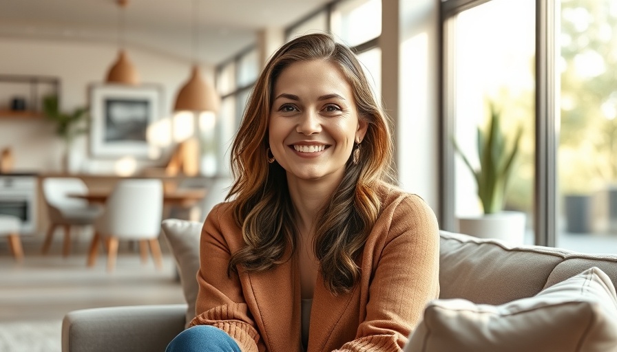 Smiling woman in a cozy modern living room setting, women's inspiration.