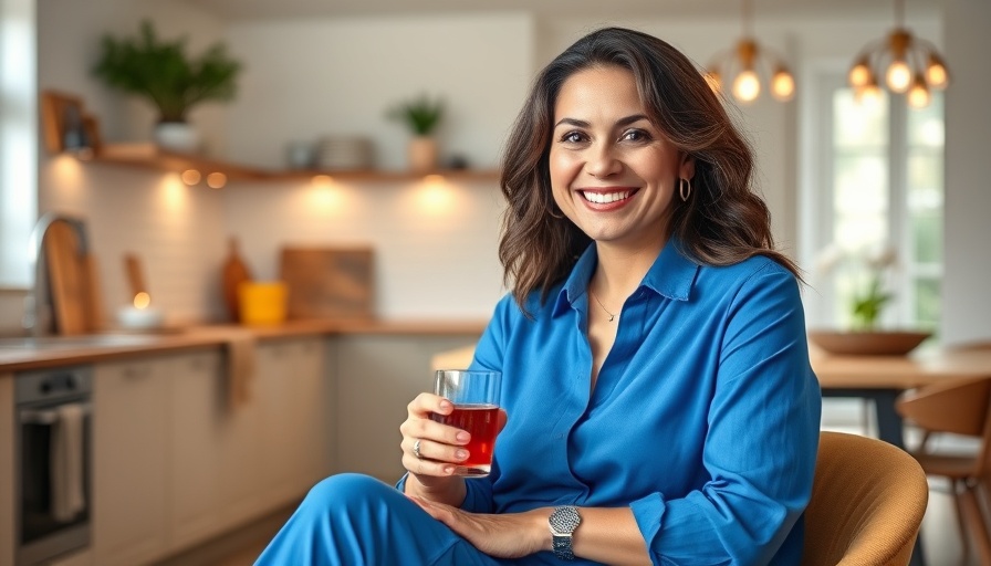 Confident woman breaking financial stagnation in a modern kitchen.