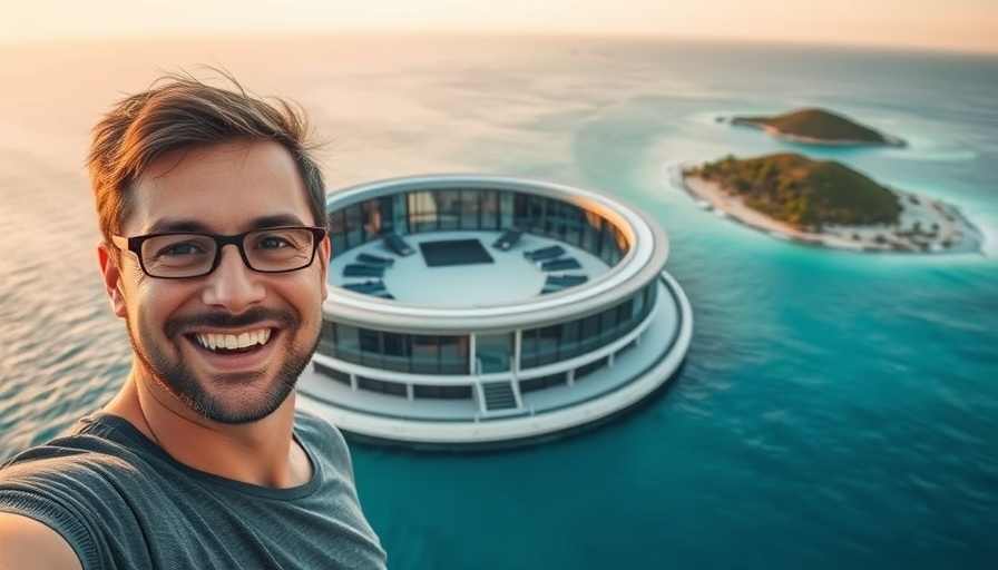 Futuristic Hotel in Saudi Arabia over turquoise sea at sunset