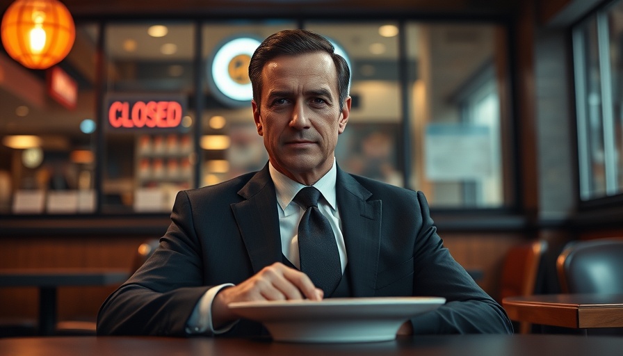 Formal man in a restaurant, contemplating reinvention through loss.