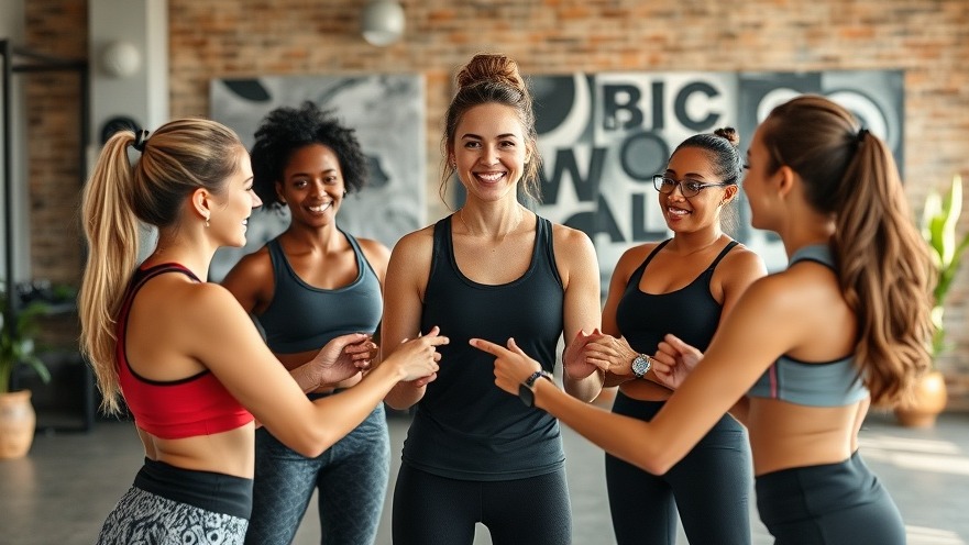 Inspiring woman coach demonstrates authenticity in fitness, leading a diverse team of enthusiastic women.