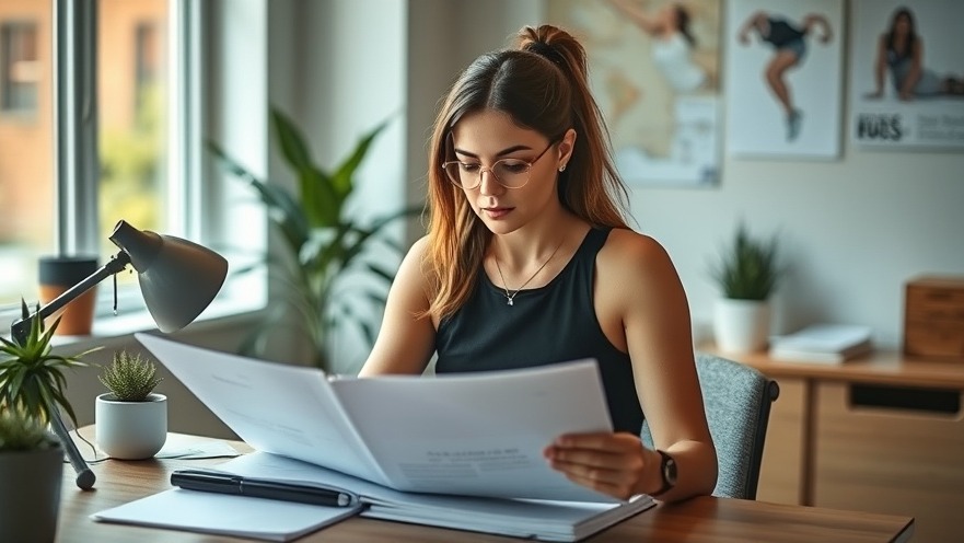 Genuine small business owner reviewing fitness plans in cozy office, showcasing authenticity in fitness.