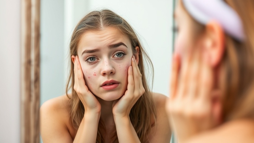 Young woman stressed about acne in mirror, highlighting skincare and mental health connection.