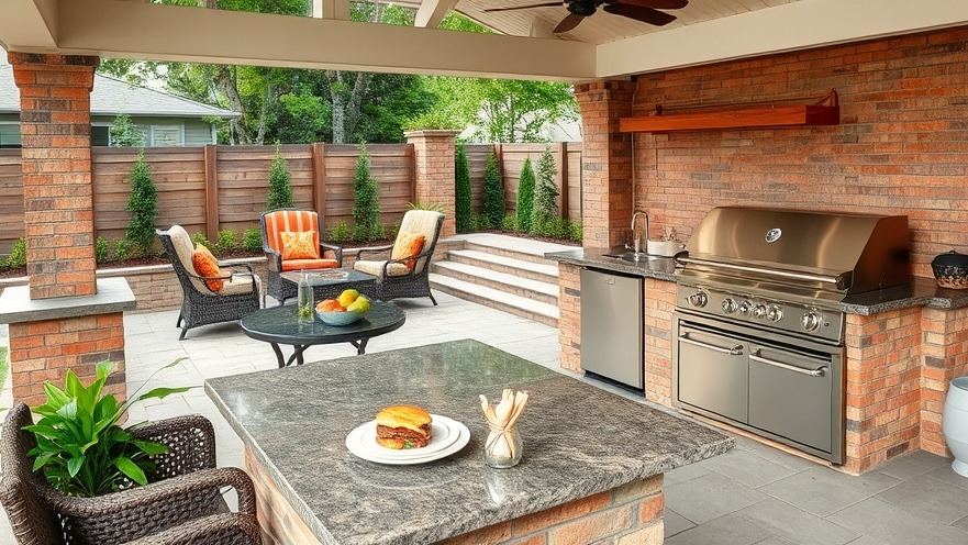 Welcoming outdoor living space in Baytown with kitchen and grill, perfect for summer.
