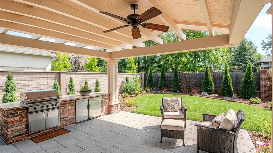 outdoor kitchen with living area under pergola and large fan in landscaped yard.