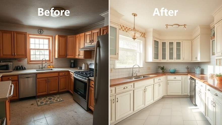 Before and after kitchen renovation: old, outdated kitchen transformed into a bright, modern space.