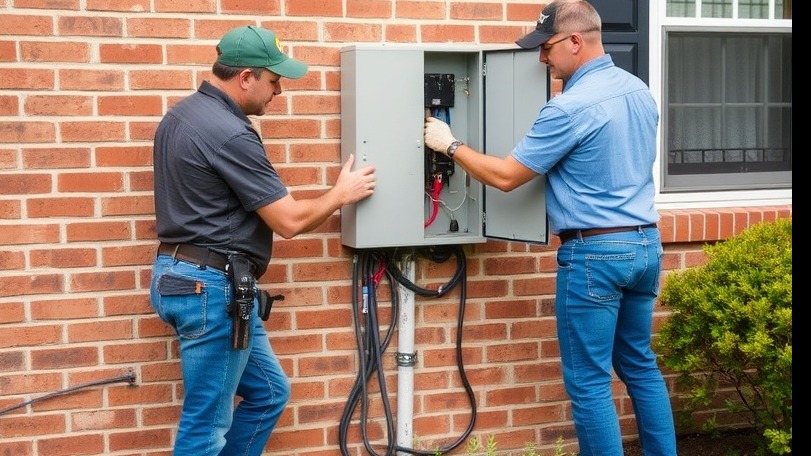 Men replacing electrical panel box outside a brick home.