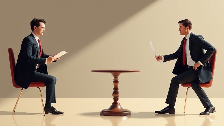 Two lawyers in a competitive debate on real estate competition strategies.