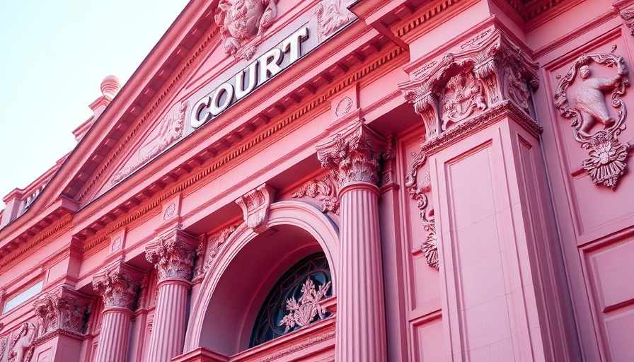 Close-up of court building facade with ornate details, pink hue.