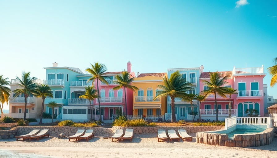 Stylized coastal villas and palm trees at seaside.