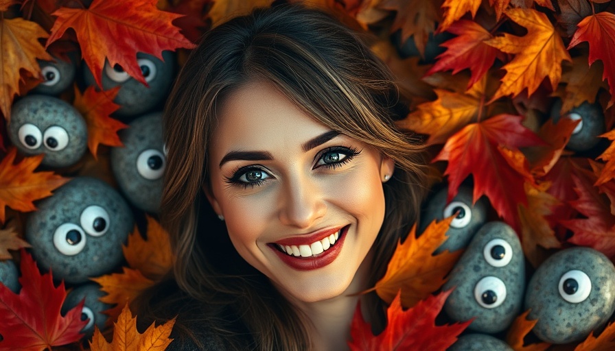 Elegant woman among autumn leaves and playful stones.