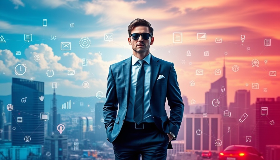 Futuristic businessman with digital icons in cityscape, Atlas VMS theme.