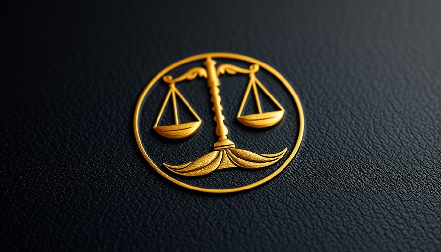 Gold scales of justice emblem symbolizing legal authority.