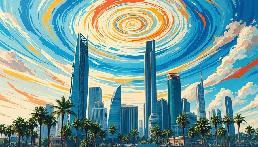 Compass Andrade Group South Florida cityscape painting with skyscrapers and palm trees.