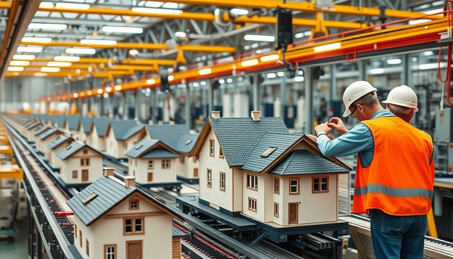 AI platform for homebuilding efficiency illustrated with miniature house assembly line.