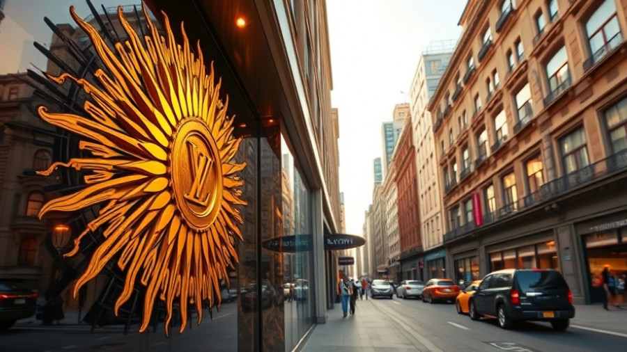 Luxurious golden artwork on Louis Vuitton storefront, Compass-Anywhere merger.