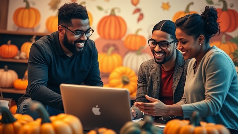 Business discussion with a vibrant pumpkin background.