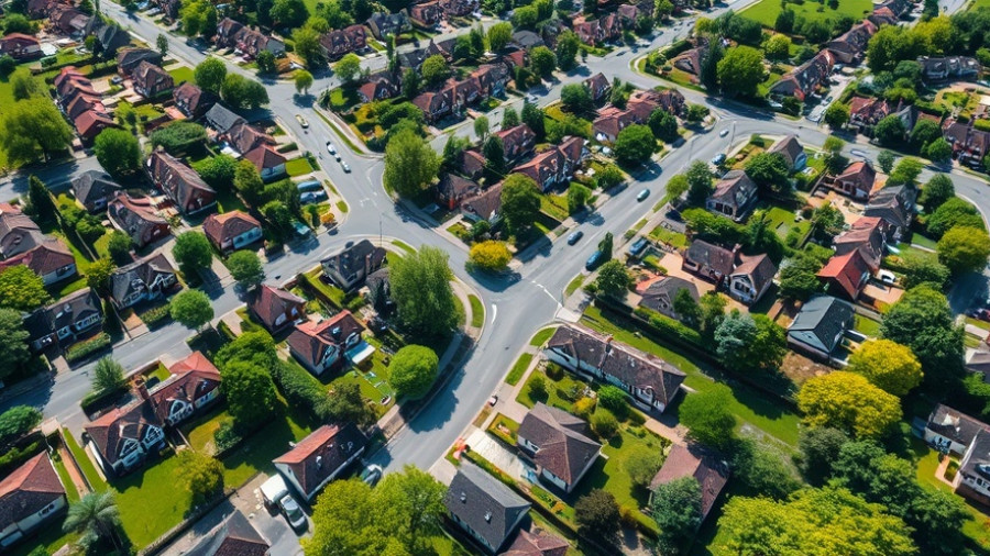 Aerial view of suburban houses and streets - housing market trends.