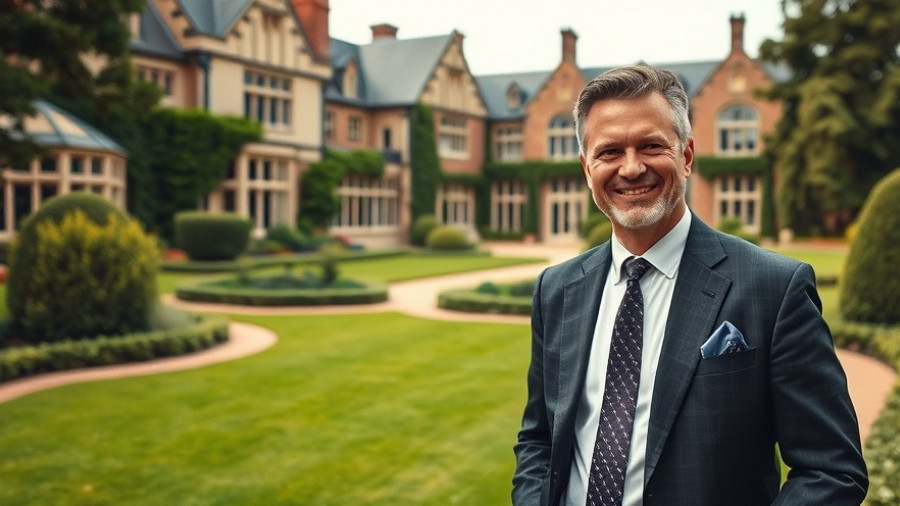 Businessman in suit with luxury estate in background, luxury real estate market.