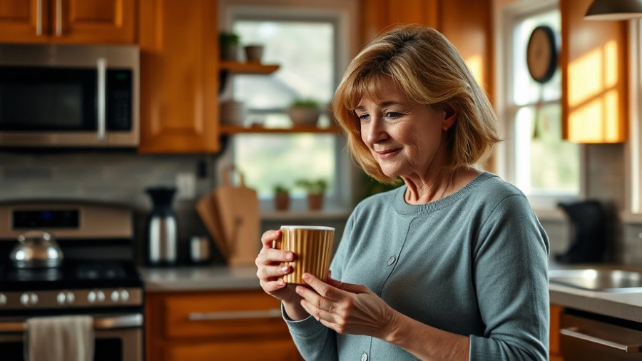 Mature woman in kitchen reflecting on high home prices.