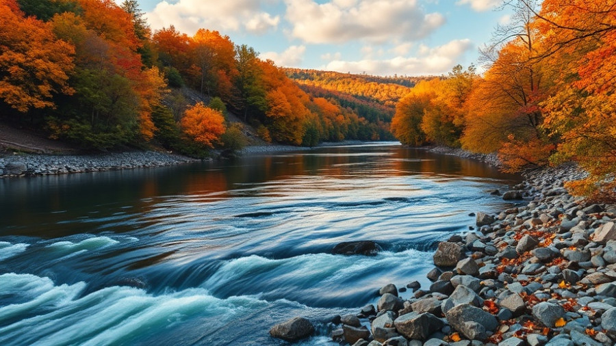 Vibrant autumn landscape with serene river and colorful foliage reflecting.