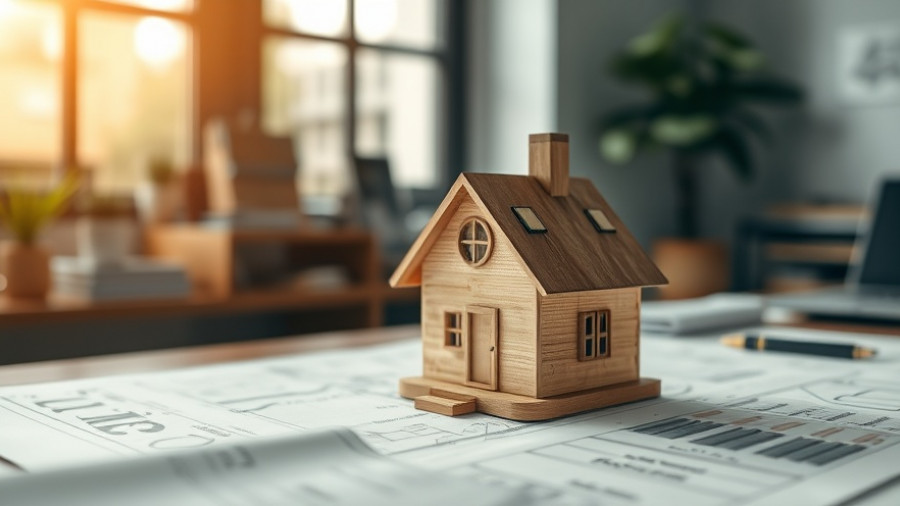 Model of a small house on blueprints in an office setting, symbolizing manufactured housing.
