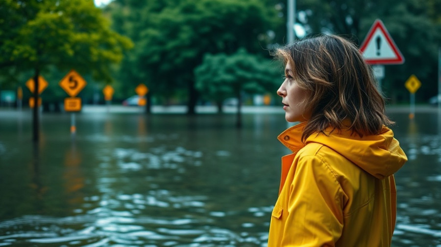Person in yellow raincoat overlooks flooded area for house selling insights.