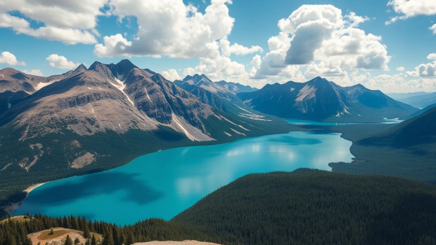 Panoramic view of Montana mountains and lake, bright sky.