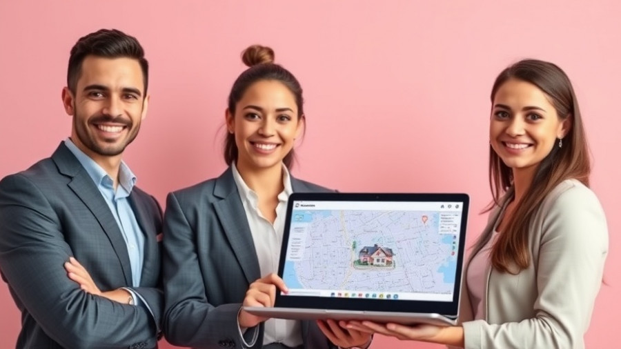 Business professionals with real estate map on laptop, Zillow Revenue Growth.