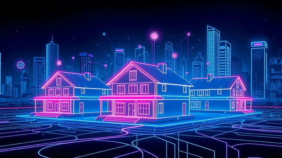 AI adoption in Real Estate scene with tech symbols over cityscape.