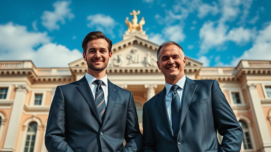 Two men in suits smiling in front of a court building, Compass Zillow lawsuit concept.