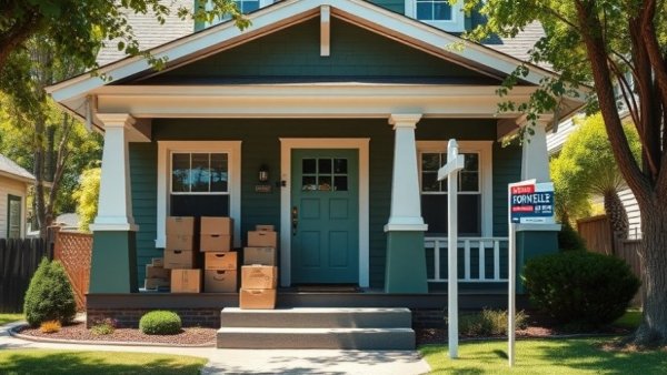 Charming Craftsman house with sale sign, cardboard boxes on porch.