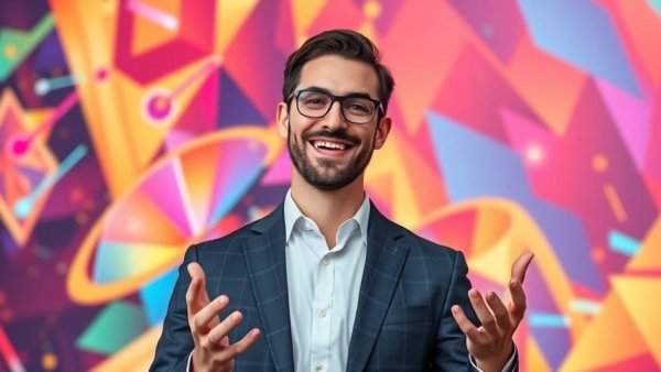 Smiling man presenting vibrant digital backdrop, Compass Anywhere acquisition.