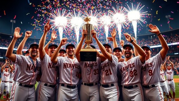 World Series victory celebration with confetti and trophy.