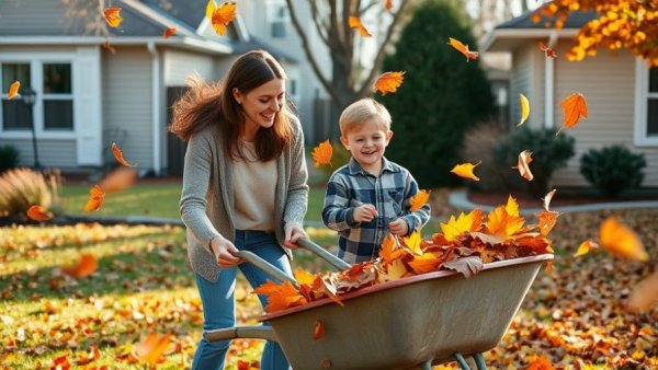 Mother and son raking leaves in autumn, illustrating real estate seasonality.