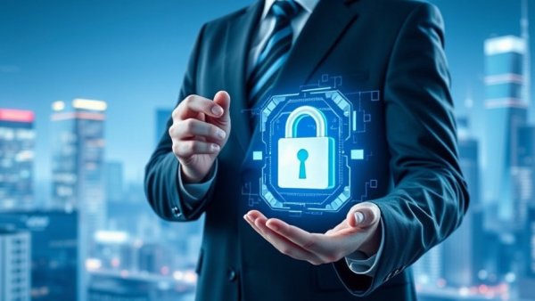 Cybersecurity concept with hologram lock overlaid on cityscape, representing deepfake fraud in real estate.