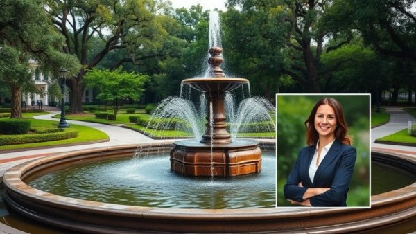 Elegant Savannah fountain, lush greenery, luxury real estate context.