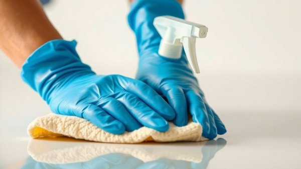 Hands in gloves cleaning with spray bottle, declutter tips for home organization