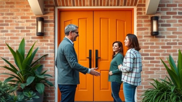 Three people at a modern doorway discussing what is escrow.