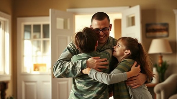 Military family reunion depicting VA Home Loan Advantage.
