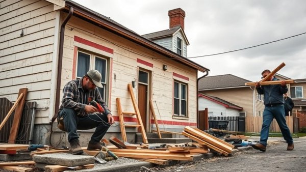 Construction workers tackling fix and flip market challenges on a house project.