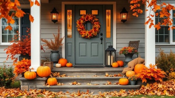 Fall curb appeal tips: Cozy autumn porch with pumpkins and wreath.