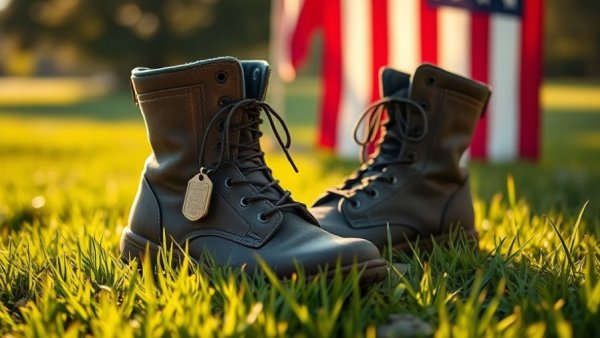 Military boots with dog tags on grass, flag in background, symbolizing veterans priced out housing market.