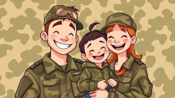 Smiling military family in front of camouflage pattern, highlighting affordable housing for military families.