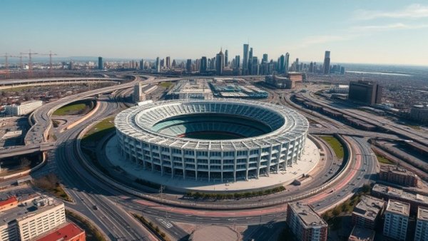 Aerial view of an NFL stadium in a city, showcasing easy access.