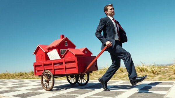 Businessman pulling wagon of houses: assumable and portable mortgages.