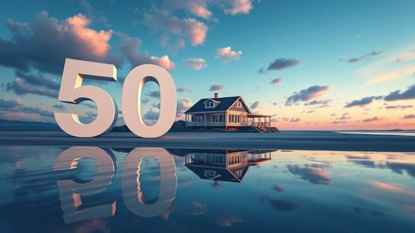 Surreal digital art of 50 years by a beach, vibrant and detailed landscape.