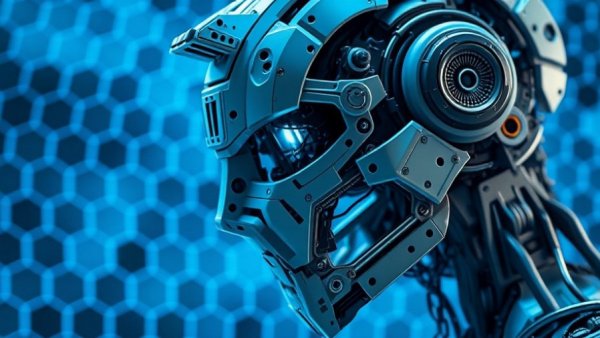 Futuristic robotic head with blue hexagonal pattern background, depicting high-tech innovation.